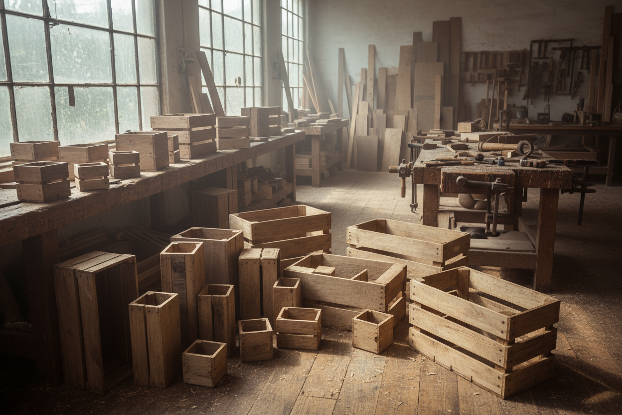 Esta es una publicación de cajas de madera / Huacal, son cajas hechas a mano , analiza las imagenes que tengo subidas, son 20 tamaños diferentes, me gustaría una imagen de variedad de los tamaños , que se vean hechas en un taller atresanal de carpinteria por favor 