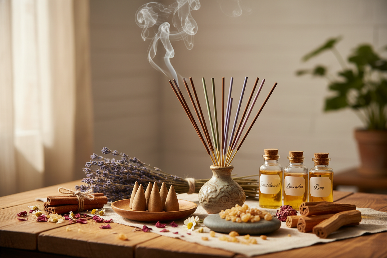 Generame una imagen con esta variedad de aromas e incienso que trabajamos 