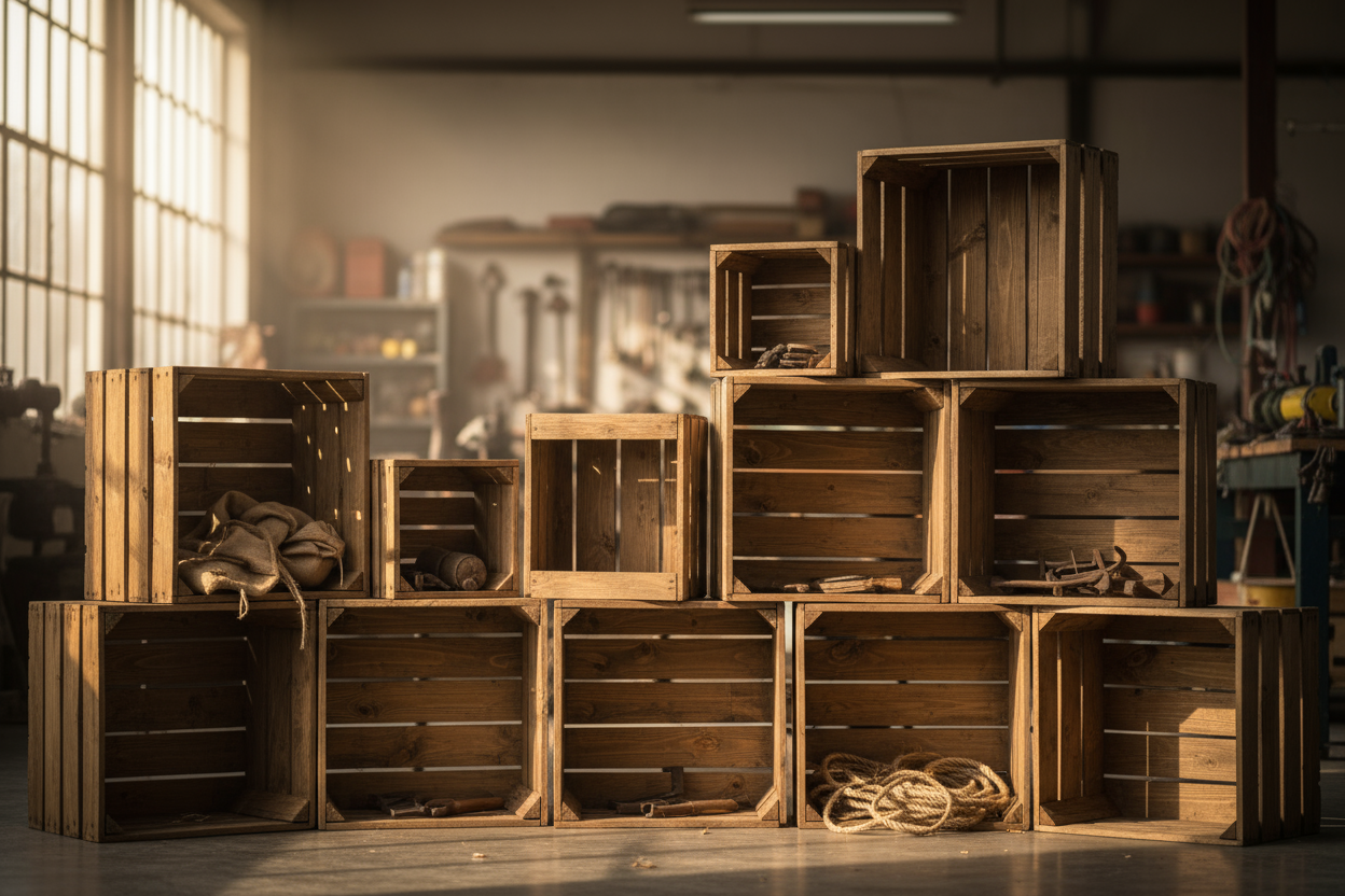 la ultima imagen que me generaste esta muy bien pero no es el producto, lo hiciste sobre lienzos de bastidor de madera, pero son huacales de madera, cajas de madera 